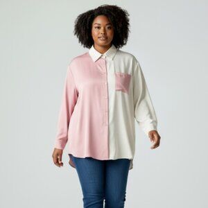 Shein Long Sleeve Button Down Collared Shirt-Size XXL-Front Pocket-Pink/White